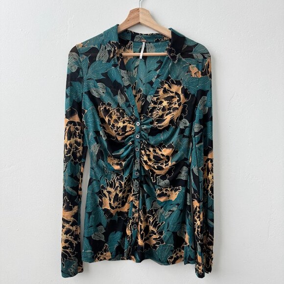 Free People Lucky Shirtee Black Bloom Green Floral Mesh Top Size S - Picture 3 of 13